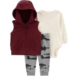 Carter's Airplane Pattern Pants, Hooded Vest & Bodysuit Baby Boy 3 Piece Set 9M